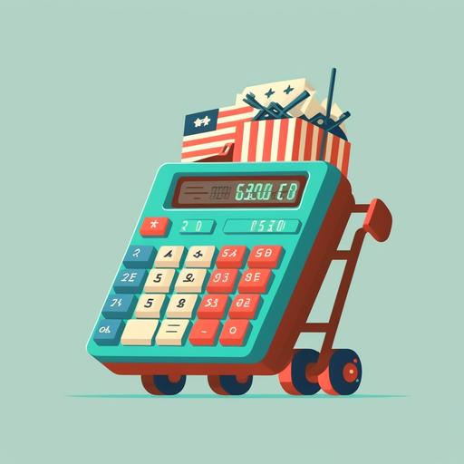 Flat illustration american colors, cargo in a shopping cart, cartoon style logo, on a calculator