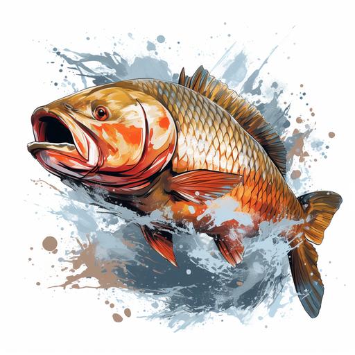 Flat vector illustrations, many big carp 20 kg vibration vectors, water color, big carp 20 kg vibrations with different decorations, white background --s 250