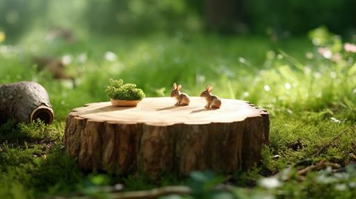 Flattened wooden tree stump thin disc, Round sawn wood, lying on a stone like a table, with real cute easter rabbits, behind a background of green leaves in a beautiful side and sunlight, Commercial photography, big empty space, minimalist, tabletop photography, realistic photography, f/ 4, 35mm, fuji, 32k, --ar 16:9 --s 750
