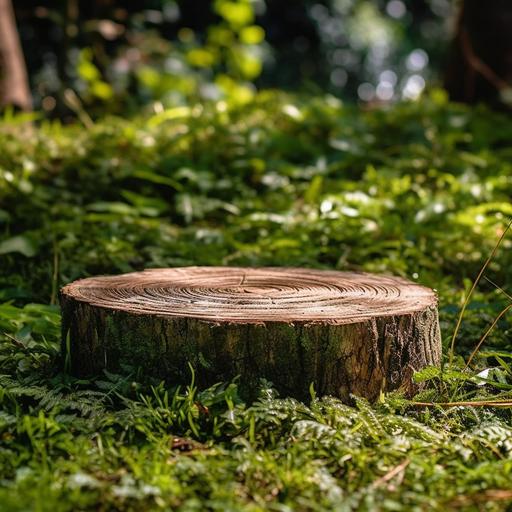Flattened wooden tree stump thin disc, Round sawn wood, lying on a stone like a table, behind a background of green leaves in a beautiful side and sunlight, Commercial photography, big empty space, minimalist, tabletop photography, realistic photography, f/ 4, 35mm, fuji, 32k, --s 750