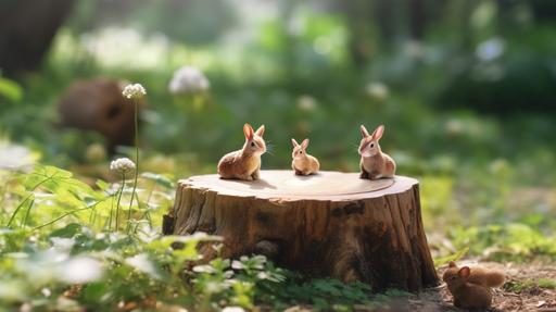 Flattened wooden tree stump thin disc, Round sawn wood, lying on a stone like a table, with real cute easter rabbits, behind a background of green leaves in a beautiful side and sunlight, Commercial photography, big empty space, minimalist, tabletop photography, realistic photography, f/ 4, 35mm, fuji, 32k, --ar 16:9 --s 750