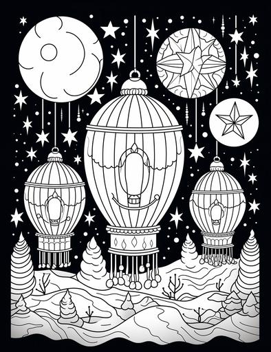 Floating lanterns with bohemian patterns, Boho coloring page, 2d outlined, clean and thick lines, black background, less elements:: : Coloring Page --ar 17:22