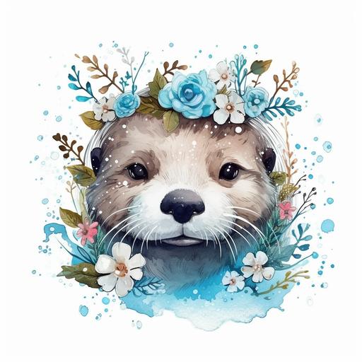 Floral cute otter, Christmas flowers on her head, frozen water, with blue snowflake, white background, otter face, clipart --s 750 --v 5.0