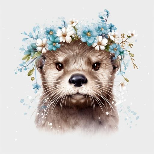 Floral cute otter, Christmas flowers on her head, frozen water, with blue snowflake, white background, otter face, clipart --s 750 --v 5.0