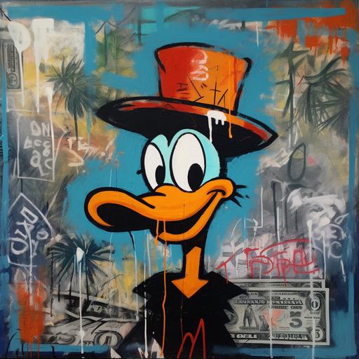 Florida graffiti art, money symbols, Donald Duck cartoon, in the style of jean basquiat, painting by jean basquiat --v 5 --s 250