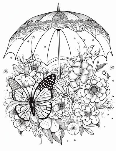 Flower and butterfly under patterned umbrella , cartoon style for kids coloring page , black outline, white fill , low detail , clean and minimalistic lines, --ar 85:110 --v 5