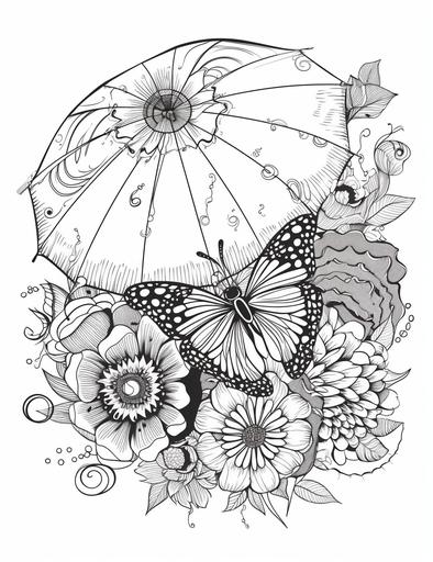 Flower and butterfly under patterned umbrella , cartoon style for kids coloring page , black outline, white fill , low detail , clean and minimalistic lines, --ar 85:110 --v 5