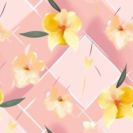 Flower prints pattern with pink diamond background, yellow waves. Dreamy, ethereal, serene, feminine --tile