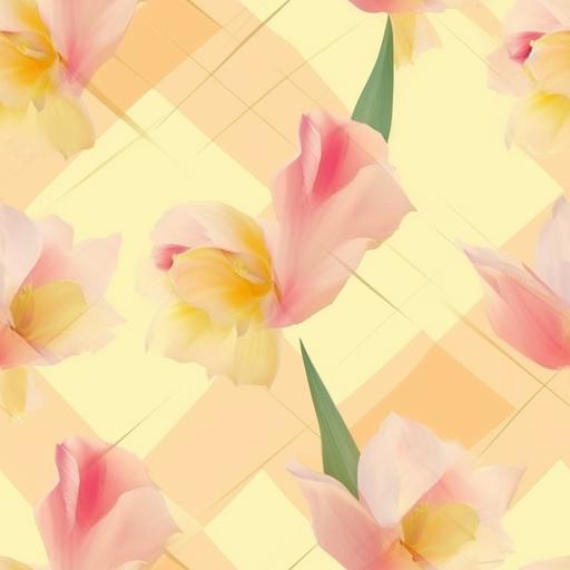 Flower prints pattern with pink diamond background, yellow waves. Dreamy, ethereal, serene, feminine --tile