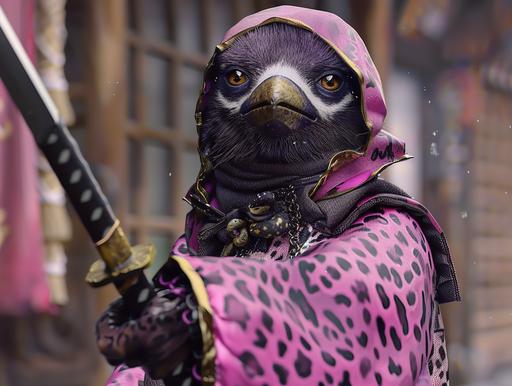 Fluffy anthropomorphic pink leopard print penguin in ninja outfit, cool, real 3D, Japanese sword, Japanese style, steely gaze, detailed and clear background, animation, 8K, movie scene --ar 4:3