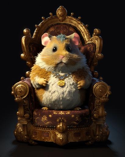 Fluffy cute cartoon hamster sitting like a king on a gorgeous ornated Rococo throne, Excellent Octane render, Cinematic lighting, Rim lighting, inspired by Pixar   Ni No kuni   Phantasy star --ar 4:5 --c 10 --s 750 --v 5