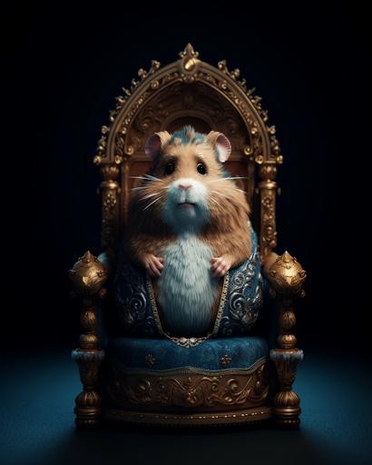 Fluffy cute cartoon hamster sitting like a king on a gorgeous ornated Rococo throne, Excellent Octane render, Cinematic lighting, Rim lighting, inspired by Pixar   Ni No kuni   Phantasy star --ar 4:5 --c 10 --s 750 --v 5