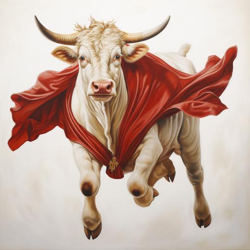 Flying cow with red royal cape, white background, painting by Botticelli