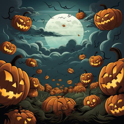 Flying jack - o - lanterns in the sky, lighted eyes, spooky clouds, cartoon style, thick lines, low detail, no shading, aspect ratio 85:110