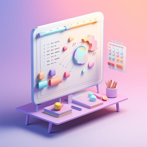 Fnacy notice board, happy, surprised, dreamy color palette, isometric, gradient background