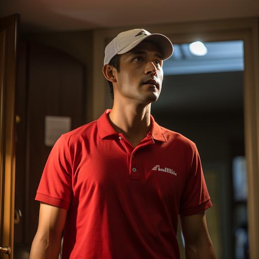 a Indian man wearing red color collared t-shirt and red color cap with airtel digital tv logo on left chest, standing on door with leaving room background hd, one arm raised hilding a DTH set top box --s 750