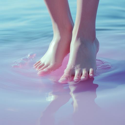 Foot, beautiful, light blue nail polish, over the water, hand touching the foot, pink nail polish on the hands, shot on Agfa 200, 4K
