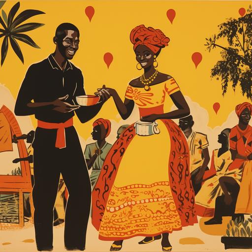 For an advertising image : A joyful and colorful scene depicted in an animated style, reminiscent of a wedding ceremony. An African man in elegant attire. An African woman in a fully yellow dress. The word 
