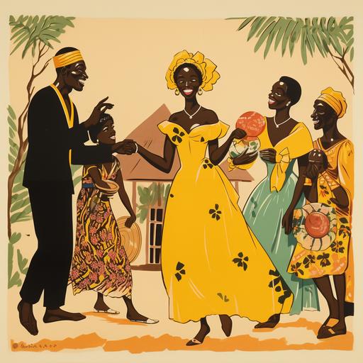 For an advertising image : A joyful and colorful scene depicted in an animated style, reminiscent of a wedding ceremony. An African man in elegant attire. An African woman in a fully yellow dress. The word 