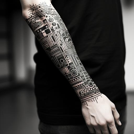 Forearm tattoo sleeve, man, dense pattern, black and white, keyboard caps, blackwork style