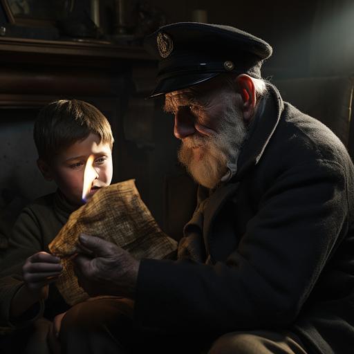 Foreground: An older Agent P (Grandpa Philip) sits by a roaring fireplace in a cozy, dimly lit room. He has a rugged face, showcasing years of experience, and wears a navy blue captain's hat and an old fisherman's sweater. He's holding a weathered photograph of the Silver Fin in one hand. Beside him, a young Jamie listens intently, his eyes wide with wonder. The fire's glow reflects off his face, emphasizing his resemblance to his grandfather. Mid-ground: Behind them, semi-transparent, the scene of the Silver Fin can be seen battling against massive waves. The crew members are visible on deck, holding on to ropes and various parts of the ship. The silhouette of a distant submarine is slightly visible below the turbulent water, creating an air of mystery. Background: Above the scene, storm clouds gather, with lightning streaking across a dark blue-gray sky. There's a faint outline of the Point Judith lighthouse in the distance, its beam piercing through the storm, symbolizing hope and guidance. Typography: At the top, in elegant gold lettering: 