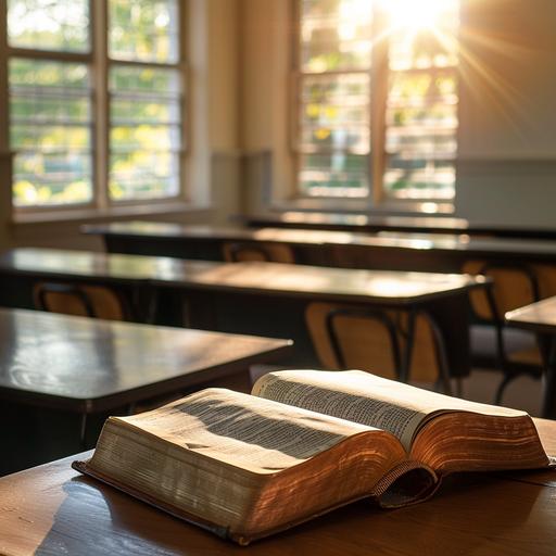 Foreground: Beautiful leather-bound Bible open on desk; picture is sharp. Background: Empty seminary classroom environment with desks; dappled sunlight with bokeh comes through large windows; background is blurred and out of focus. Professional photography style. --v 6.0