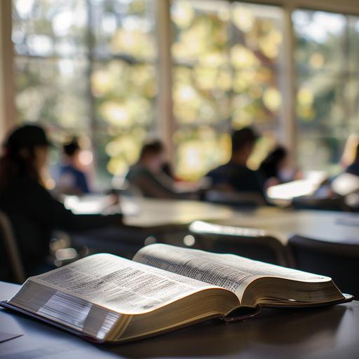 Foreground: Beautiful leather-bound Bible open on desk; picture is sharp. Background: Modern seminary classroom environment with students at desks; dappled sunlight with bokeh comes through large windows; background is blurred and out of focus. Professional photography style.