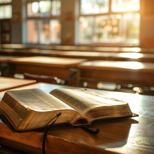 Foreground: Beautiful leather-bound Bible open on desk; picture is sharp. Background: Empty seminary classroom environment with desks; dappled sunlight with bokeh comes through large windows; background is blurred and out of focus. Professional photography style. --v 6.0