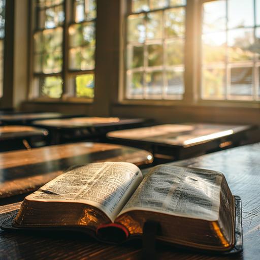 Foreground: Beautiful leather-bound Bible open on desk; picture is sharp. Background: Empty seminary classroom environment with desks; dappled sunlight with bokeh comes through large windows; background is blurred and out of focus. Professional photography style.