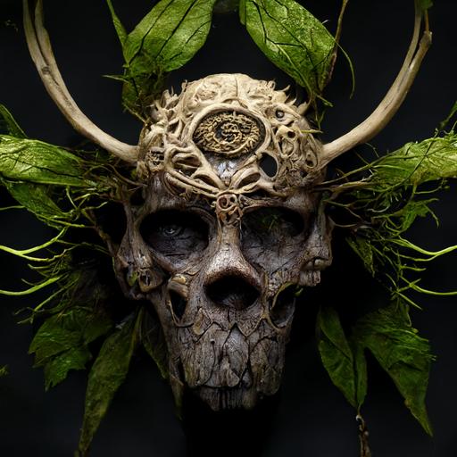 Forest spirit Man, animal skull as face, with horns, surrounded by plants and greenery, symbols, celtic // HD, Ultra Realistic, 8k, high octane render, ultra realism, intricately detailed, cinematic, high contrast, 3D, ornate, dark, golden ratio