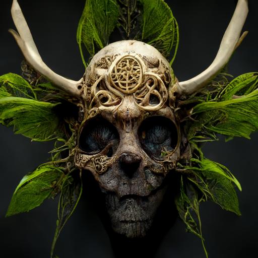 Forest spirit Man, animal skull as face, with horns, surrounded by plants and greenery, symbols, celtic // HD, Ultra Realistic, 8k, high octane render, ultra realism, intricately detailed, cinematic, high contrast, 3D, ornate, dark, golden ratio