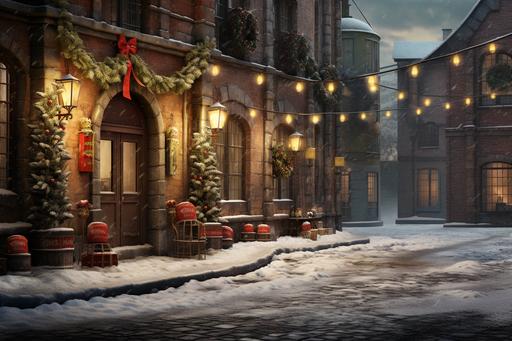 Former brick factory on a cobbled street corner in winter. Poles with Christmas decoration. Rest of snow on the ground. Red Christmas car parked. Light poles. Vintage style. Movie scene. Atmospheric ambiance, high resolution, detailed image. dimensional layering. --ar 3:2