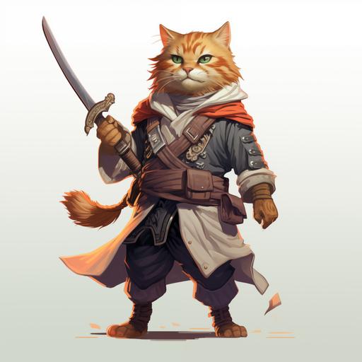 Fortnite concept art, Fortnite style, cartoon rendering, Long hair orange, male cat , adult, medieval, pirate outfit, pirate bandana, bandana, cat furry,large tuna weapon, tuna sword, simple background, white background, 7 figure