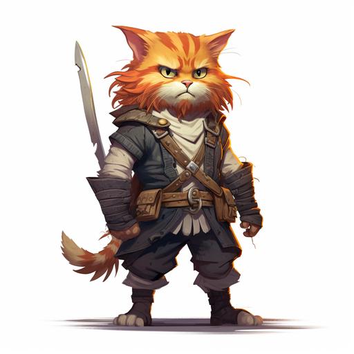 Fortnite concept art, Fortnite style, cartoon rendering, Long hair orange, male cat , adult, medieval, pirate outfit, pirate bandana, bandana, cat furry,long fluffy tail, tuna sword, simple background, white background, 7 figure