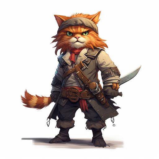 Fortnite concept art, Fortnite style, cartoon rendering, Long hair orange, male cat , adult, medieval, pirate outfit, pirate bandana, bandana, cat furry,long fluffy tail, tuna sword, simple background, white background, 7 figure