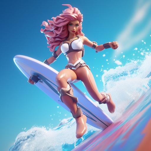 Fortnite style female character wearing a extreme sports bikini + gear, Funny coconut Mask, standing on an surfboard surfing fast on a big wave on a sunny day, Extreme angle, Ultra realistic, unreal engine, 8k