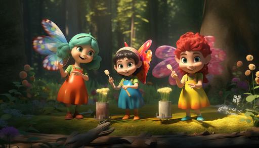 Four Fairies in the woods wearing red, green, yellow, and blue clothes, they are holding paint bucket, spreading paint colors on trees, flowers, plants, and into different colors, Children book style, Disney Style, 3D animation, Pixel , 8K, --aspect 7:4