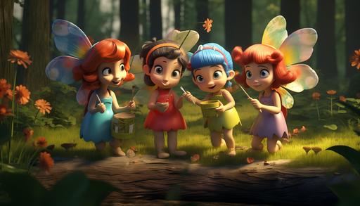 Four Fairies in the woods wearing red, green, yellow, and blue clothes, they are holding paint bucket, spreading paint colors on trees, flowers, plants, and into different colors, Children book style, Disney Style, 3D animation, Pixel , 8K, --aspect 7:4