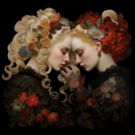 Four beautiful blonde Nordic faces and flowers hand touching a black background, in the style of surrealist collages, motion blur, victorina durán, john collier, pseudo-realistic, abigail larson, 3d, 1860–1969, v 6