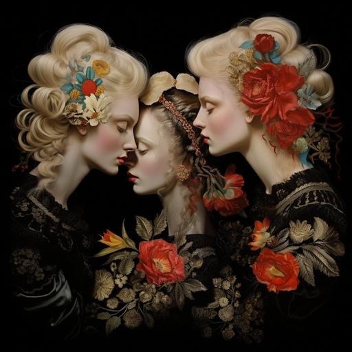 Four beautiful blonde Nordic faces and flowers hand touching a black background, in the style of surrealist collages, motion blur, victorina durán, john collier, pseudo-realistic, abigail larson, 3d, 1860–1969, v 6