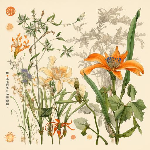Four types of plants are on one map. Xiaoxianglan, Iris, Orange Flower, and White Tea together form a printmaking. Flowers, petals, grass, plants, leaves, vine entanglements, water droplets, forests, ray tracing, commercial illustrations --v 5