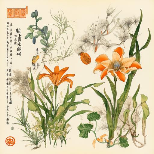 Four types of plants are on one map. Xiaoxianglan, Iris, Orange Flower, and White Tea together form a printmaking. Flowers, petals, grass, plants, leaves, vine entanglements, water droplets, forests, ray tracing, commercial illustrations --v 5
