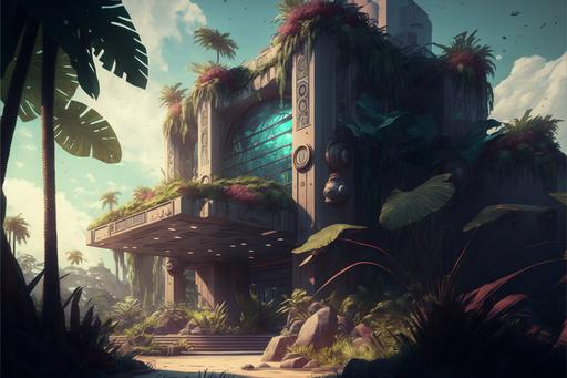 a One-story building in a plaza, futuristic, sci-fi, surveillance, flat lighting, plaza, plaza chairs, posters, game, potted plants, large windows, plaza props, in the jungle, with tropical strange flowers, stylized artstation, magic, fantasy, sky and clouds, world of magic, fantasy --ar 3:2 --v 4