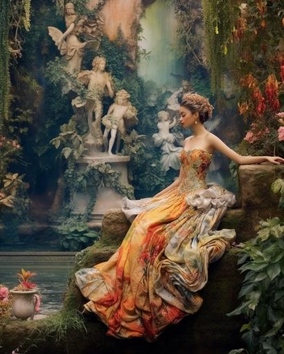 Allegorical photo of unique Indonesia model wearing couture, toandfroggymnast dynamic pose in a conversation with the natural surroundings, jean-honoré fragonard inspired garden background rococo extravagance lavish shapes rich colors, colorful watercolor borders wash at the edges of the photo --ar 8:10