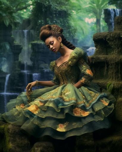 Allegorical photo of unique Indonesia model wearing couture, toandfroggymnast dynamic pose in a conversation with the natural surroundings, jean-honoré fragonard inspired garden background rococo extravagance lavish shapes rich colors, colorful watercolor borders wash at the edges of the photo --ar 8:10