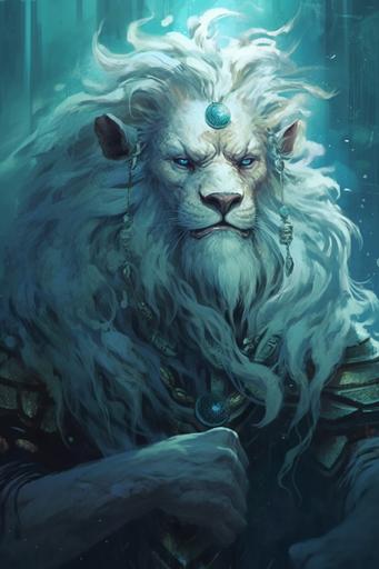 Leo cryptid, gorgeous half lion half human elderly Leo cryptid in mystical zodiac lion themed setting --ar 2:3