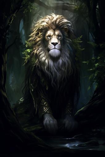 Leo cryptid, gorgeous half lion half human elderly Leo cryptid in mystical zodiac lion themed setting --ar 2:3