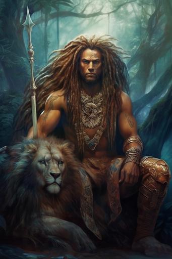 Leo cryptid, gorgeous half lion half human mixed race Leo cryptid in mystical zodiac lion themed setting --ar 2:3