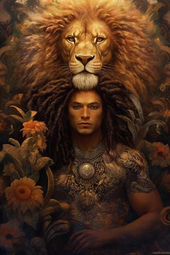 Leo cryptid, gorgeous half lion half human mixed race Leo cryptid in mystical zodiac lion themed setting --ar 2:3