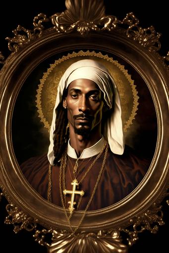 Snoop Dogg as the patron saint of West Coast rap and marijuana. Catholic iconography gold chains, diamond marijuana leaf shaped pendant on the chain, cherubic ganja angels, old school microphone, Snoop Dogg in a saintly pose wearing immaculate west coast hip-hop attire --ar 2:3 --v 4